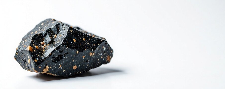 Granite stone with chromite inclusions on white background, mineral, metallic