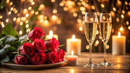 A romantic evening with champagne and roses on a beautifully decorated table, decoration, wine,  decoration, wine