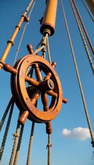 Wooden pulley attached to rope on a tall ship mast, wooden pulleys, mast
