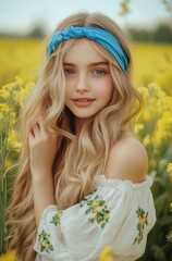 A portrait of an adorable girl with long blonde hair, wearing a blue headband and a white dress decorated with green flowers
