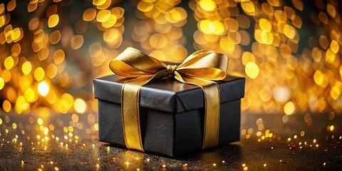 Luxurious Black Gift Box with Gold Ribbon - Bokeh Background Stock Photo