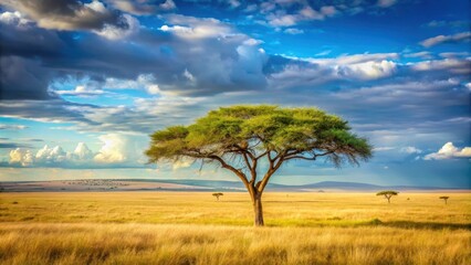Fototapeta premium A majestic tree stands alone in a vast savannah landscape with acacia trees and grasslands stretching into the horizon