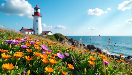 A small patch of wildflowers beside an isolated lighthouse, wildflowers, scenery, landscape