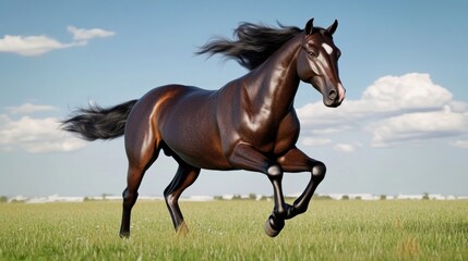 A powerful horse galloping across a green field under a blue sky.