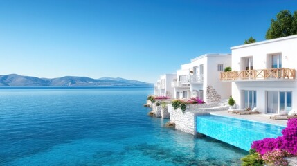 Fototapeta premium Serene coastal villas with stunning ocean views and vibrant flowers.