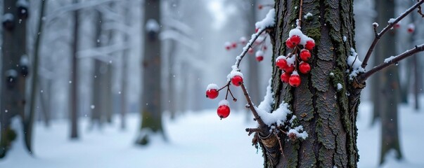 Snowy forest tree with red berries and black bark, rustic, nature