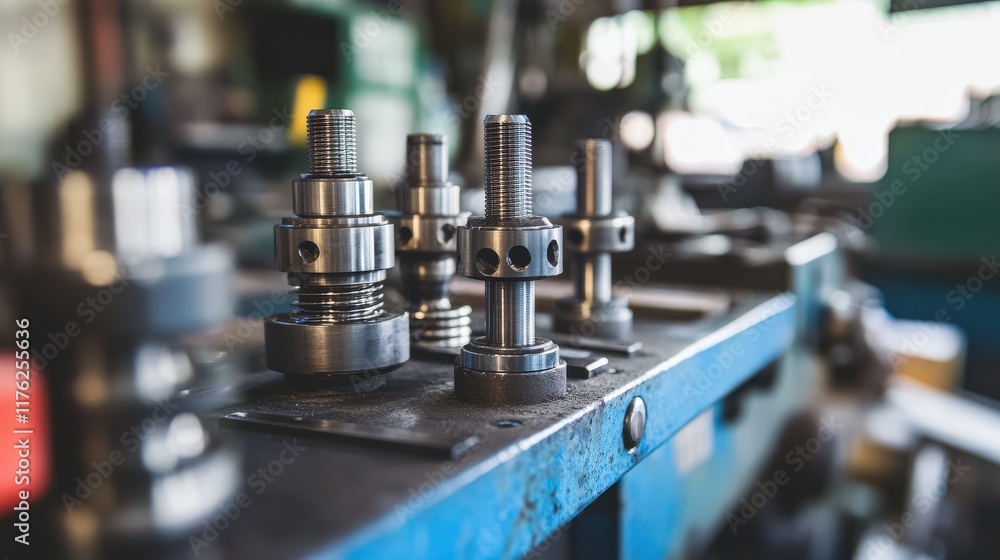 Poster close-up of precision engine components on workbench in a workshop with various tools and equipment 