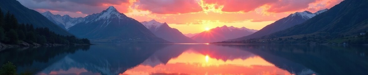 Fototapeta premium Majestic mountains reflect in tranquil lake as sunset unfolds, landscape, water