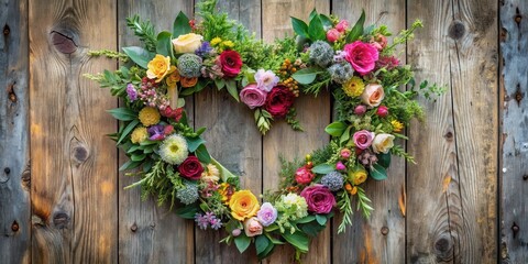 Delicate floral heart wreath made from a mix of colorful flowers and greenery, beautifully arranged on a rustic wooden door frame, home decor, natural