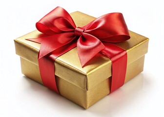 Obraz premium Luxurious Golden Gift Box with Red Ribbon Bow - Isolated on White Background