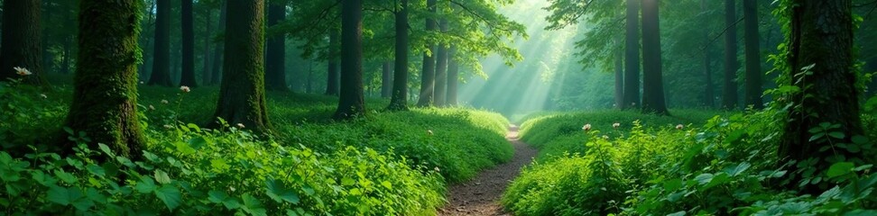 Overgrown forest path winds through misty glade, trees, overgrowth, green