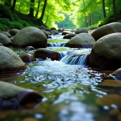 Water flowing over smooth rocks in the forest stream, freshwater, forest, vegetation
