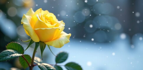 Obraz premium Delicate yellow rose amidst snowflakes gently falling, peaceful landscape, flower bouquet