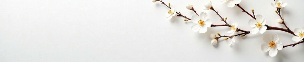 Delicate paper tree branches with white flowers, white background, nature