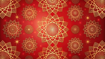 Geometric patterns on a vibrant red background with intricate shapes and lines