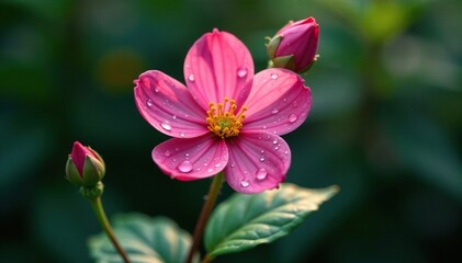 Single Adenophora bloom with dew drops on the petals and leaves, flowers, solitary