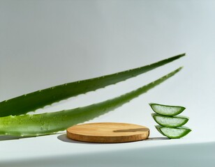 Natural aloe vera product setup with wooden pedestal and minimalist white backdrop.