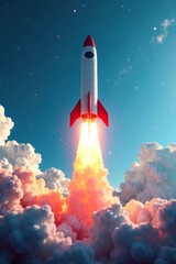 Fototapeta premium Red hot rocket with glowing engines taking off into a bright blue and white sky, glowing engines, launches, stars