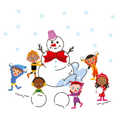 雪が降る中で雪だるまを作る子供達