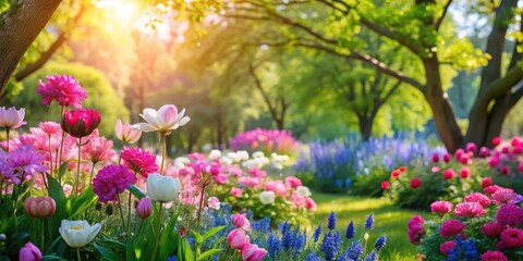 Obraz premium Blooming garden on a sunny spring day with vibrant pink and blue flowers swaying gently in the breeze surrounded by lush greenery and trees , season change, pink flowers