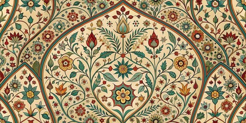 Intricate floral pattern with curved lines and teardrop shapes, reminiscent of Mughal-era artistry , geometric, design