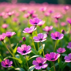 A field of violet and pink colored garden flowers swaying gently, swaying, gently, pink