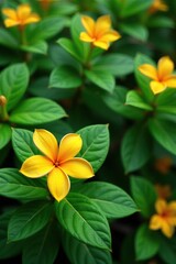 lush green foliage and orange jasmine flowers in a garden, garden, serene, plants