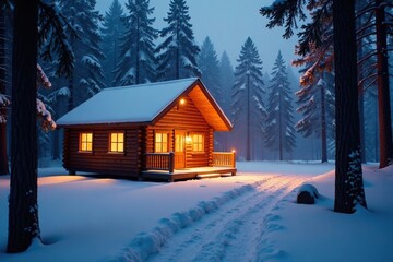 Warm glow of wooden cabin lights shining through winter forest fog, forest, lighting, glow