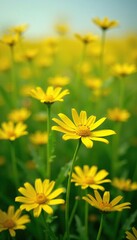 Obraz premium Field of yellow daisies swaying in the breeze, greenery, wheat