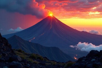 Fiery sunset on a rugged volcano mountain peak, clouds, sky