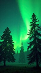 Emerald green treetops bathed in soft luminescent glow, aurora borealis, serene