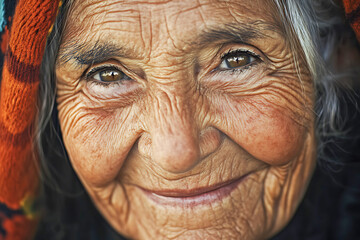Close-up portrait of smiling elderly woman with wrinkles showing wisdom and life experience