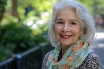 Close-up portrait of a cheerful senior woman with gray hair and a stylish scarf, enjoying a sunny day at the park, radiating happiness and good health