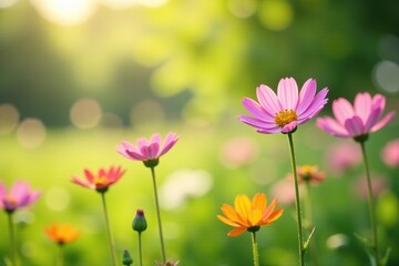 Fototapeta premium Softly swaying wildflowers in a gentle breeze, sunlight, peaceful