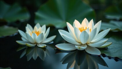 Delicate white lotus flower blooms on dark waters, water lotus flower, serene, pond