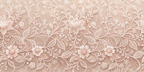 A delicate floral pattern with intricate swirly lace overlay on a soft pastel pink background , antique elegance, detailed textures