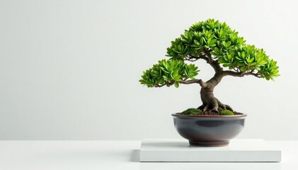 Bonsai tree in a simple ceramic vase on a plain white table platform, table, bonsai