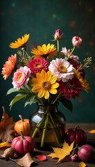 Obraz premium Fading flower arrangements amidst decaying foliage, autumnal, dried flowers, leaves