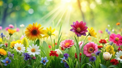 Fototapeta premium Colorful spring flowers blooming in a lush green meadow with a gentle breeze, floral arrangement, spring background