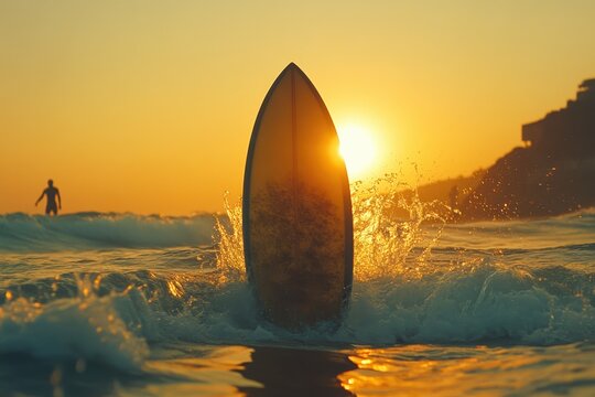 Surfboard emerges from ocean waves at sunset. Ideal for travel, summer, and surfing websites or blogs.