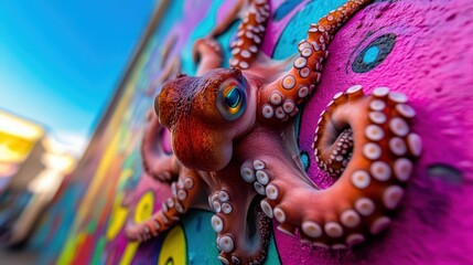 An octopus gracefully climbs a vibrant mural, blending art and nature through vivid colors and detailed textures, creating a striking visual impact in an urban setting.