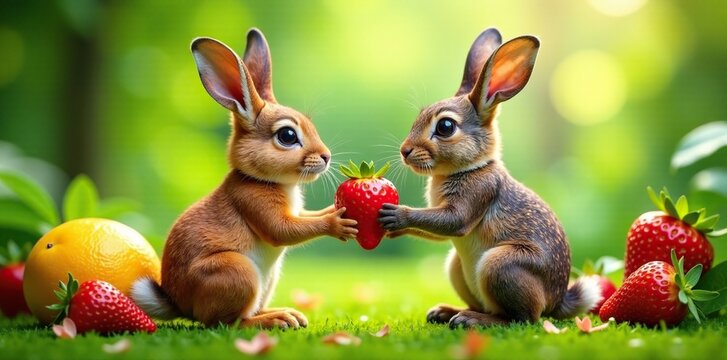 Oso y conejo compartiendo una zanahoria fresca, frutas, zanahoria, animales