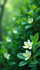 Obraz premium Minty green environment with lush eucalyptus and delicate white flowers, mint, lush