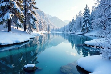 Icy pond with frozen lake in the background and falling snowflakes, ice, , frozen water
