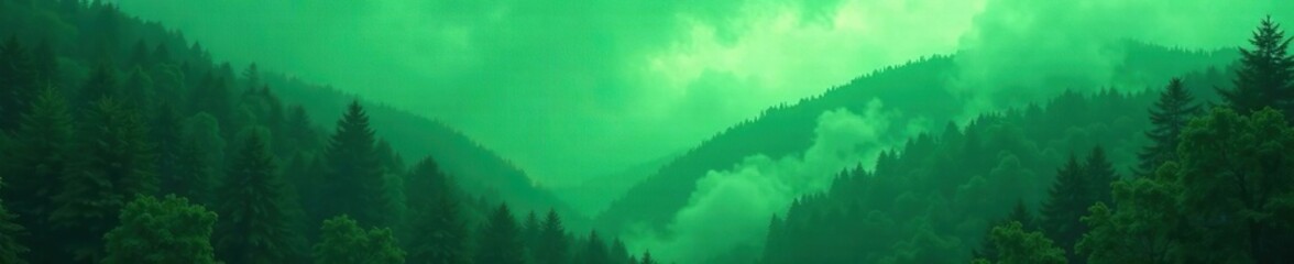 Fototapeta premium Ancient green smoke rises high into the foggy forest, , dark