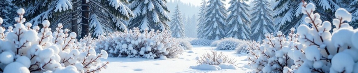 Fototapeta premium Dense thorny bushes under blanket of fresh snow, forest, shrubbery