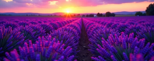 Fototapeta premium Lavender blooms sprawl across a velvety purple field as the sun dips below horizon softly illuminating the scene, purple field, , lavender