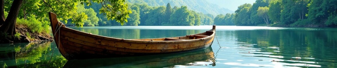 Obraz premium Wooden rowing boat in calm waters with trees nearby, lake, docked