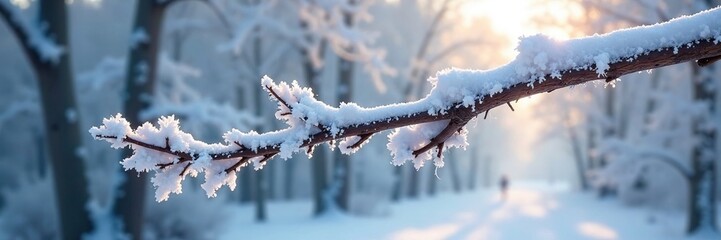 Obraz premium Snowy tree branch covered with frosty shield like white tooth, frost, trees, snow