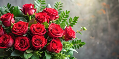 Obraz premium Freshly cut red roses arranged in a decorative bouquet with greenery and foliage, red roses